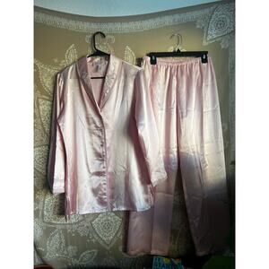 Vintage Oscar De La Renta Pink Label Matching Satin Embroidered Pink Pajama Set